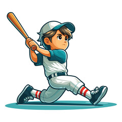 Happy cute little boy playing baseball softball in action cartoon vector illustration, hitter swinging with bat design template isolated on white background