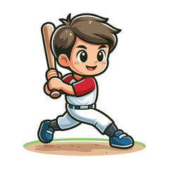 Happy cute little boy playing baseball softball in action cartoon vector illustration, hitter swinging with bat design template isolated on white background