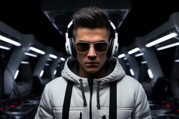 Creative young man in hi-tech glasses and headphones on colorful monochrome background - obrazy, fototapety, plakaty
