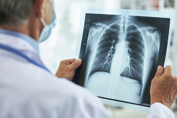 View from the back of a serious doctor examining the results of an MRI. A male specialist working in a hospital examines a patient's chest x-ray. Medicine and hospital concept. Medical health care