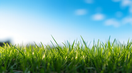 Green grass macro over blue sky and clouds
