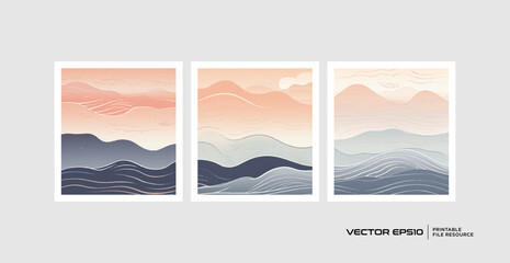 Set of abstract wave pattern, wall art vector in minimalist style