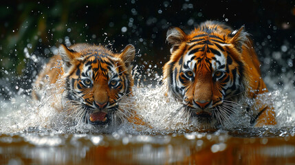 Two tigers running in the water