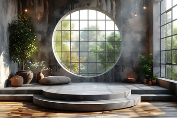  Background loft style podium on platform 3d product render stand. podium stage minimal abstract background beauty dreamy space studio pedestal