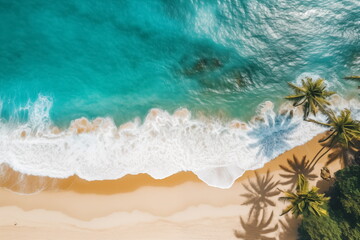 Top view of Tropical island palm tree beach, Overhead view, Aerial shot of a beach with nice sand, blue turquoise water.