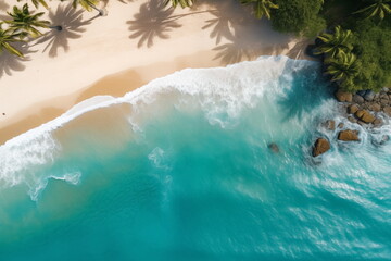 Top view of Tropical island palm tree beach, Overhead view, Aerial shot of a beach with nice sand, blue turquoise water.