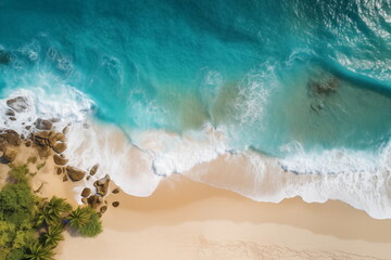 Fototapeta na wymiar Top view of Tropical island palm tree beach, Overhead view, Aerial shot of a beach with nice sand, blue turquoise water.