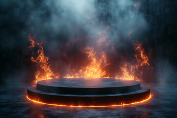 Background fire and lava podium, 3d product render stand. podium stage minimal abstract background beauty dreamy space studio pedestal  - obrazy, fototapety, plakaty