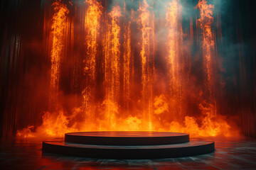 Background fire and lava podium, 3d product render stand. podium stage minimal abstract background beauty dreamy space studio pedestal 