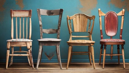 collection of old wooden chairs on background 3d render 3d illustration