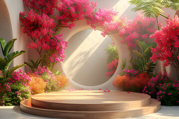 Fototapeta na wymiar Background flowers podium, 3d product render stand. podium stage minimal abstract background beauty dreamy space studio pedestal