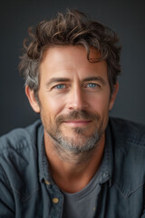 Obraz premium A confident and handsome man with a friendly smile, captured in a close-up portrait in a studio setting