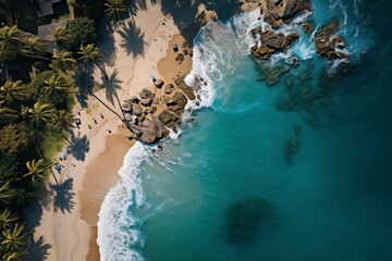Top view of Tropical island palm tree beach, Overhead view, Aerial shot of a beach with nice sand, blue turquoise water.