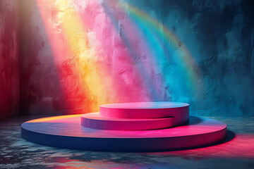 Fototapeta na wymiar Podium background rainbow 3d visualization of the product. podium stage minimal abstract background beauty dreamy space studio pedestal 