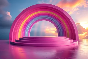 Foto op Canvas Podium background rainbow 3d visualization of the product. podium stage minimal abstract background beauty dreamy space studio pedestal  © Evhen Pylypchuk