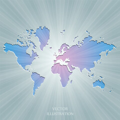 World map. Political map of the world on a bright, colorful background. Globe. Sun rays. Bright yellow, blue, red, orange, green color