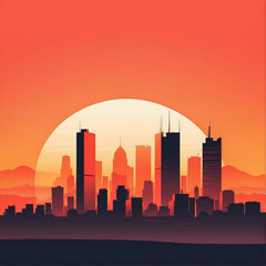 Naklejka premium A minimalist illustration of a city skyline at sunset. (Popular style: Minimalism)