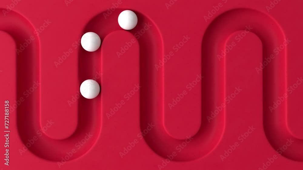 Poster White balls rolling in geometry deepening. Abstract cycled minimal animation. Smooth light, realistic dynamic. Loopable sequence. 3d animation, 4K