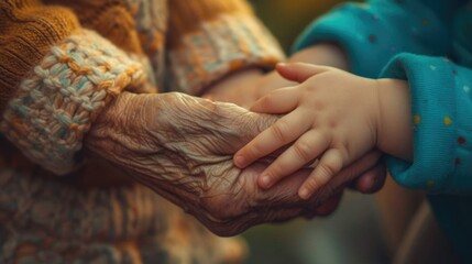 Concept of present, past and future. Life cycles. Change of generations. Age difference. Old woman hold hand little baby close up. Grandma with grandson closeup. Senior elderly grandmother wrinkles.