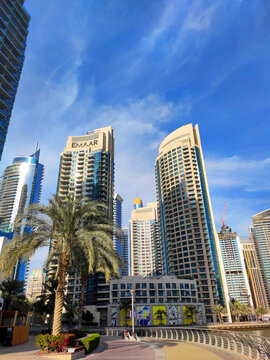 Dubai, UAE - January 25, 2024: Marina promenade with the view of Emaar skyscrapers along Marina Bay. Swift urban development of public spaces and real estate