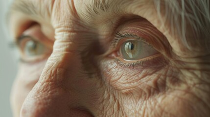 Grandma wrinkles close up. Old lady look. Senior elderly female face closeup. Retired 60s woman macro shot. Beautiful grandmother. Natural beauty concept. Aged pensioner eyelids. Eyes health care. - obrazy, fototapety, plakaty