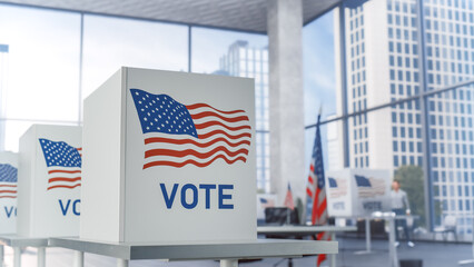 Elections Day In Big City Concept. Modern Polling Place with Voting Booths With American Flag in a...