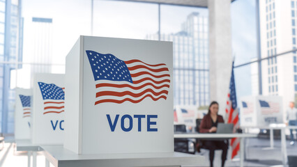 Elections Day In Big City Concept. Modern Polling Place with Voting Booths With American Flag in a Spacious Room in the Business Center. Polling Officer Sitting Behind a Table in the Background