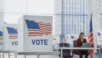 Democratic Process: American Flag on a Voting Booth in a Modern Polling Place in a Financial...