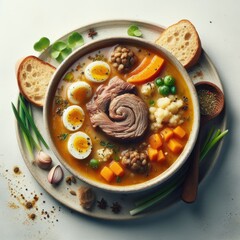 bowl of vegetable soup with mushrooms and meat