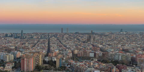 Aerial panoramic view of Barcelona city  in Spain.