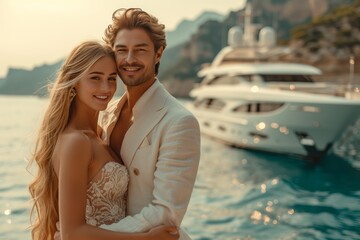 A couple shares a loving kiss on a boat, their beaming smiles and stylish clothing adding to the romantic atmosphere of the outdoor setting by the water's edge