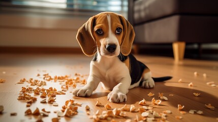 Ein Beagle Welpe schaut mit süßem Hundeblick und hat in der Wohnung einiges Chaos angerichtet - obrazy, fototapety, plakaty