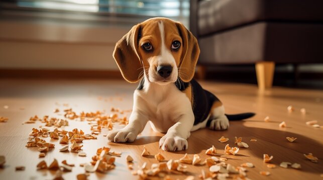 Ein Beagle Welpe schaut mit s&uuml;&szlig;em Hundeblick und hat in der Wohnung einiges Chaos angerichtet