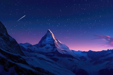 panoramic view to the majestic Matterhorn mountain at night with shooting star - obrazy, fototapety, plakaty