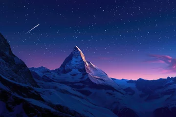 Fotobehang panoramic view to the majestic Matterhorn mountain at night with shooting star © darshika