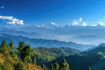 Autumn morning view of the Himalayas from Kausani  Uttarakhand  India. - obrazy, fototapety, plakaty