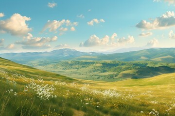 Fototapeta na wymiar Beautiful Romanian countryside sunny springtime mountains rolling hills rural scenery.