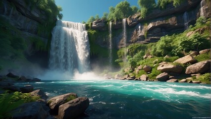 Picturesque Day: Sunlit Waterfall Amidst Scenic Greenery