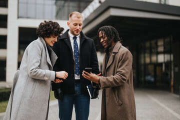 Three young multiracial professionals engaging with a smart phone outside an office building. They...