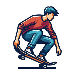 Obraz premium Man playing skateboard vector illustration, skateboarding sport game male player in action flat design style template isolated on white background