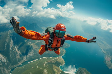 Parachuting over lush green landscape. Paratroopers or parachutist free-falling and descending with parachutes.