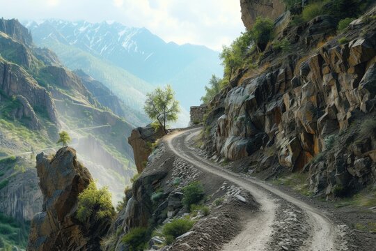 Perilous off road journey along steep cliffs in Caucasus mountains.