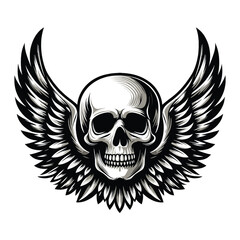 Skull wings vector illustration, winged skull badge emblem template suitable for apparel t-shirt, poster, motorbike club logo, tattoo. Design isolated on white background