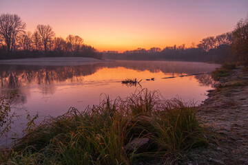 awesome misty sunset over the river