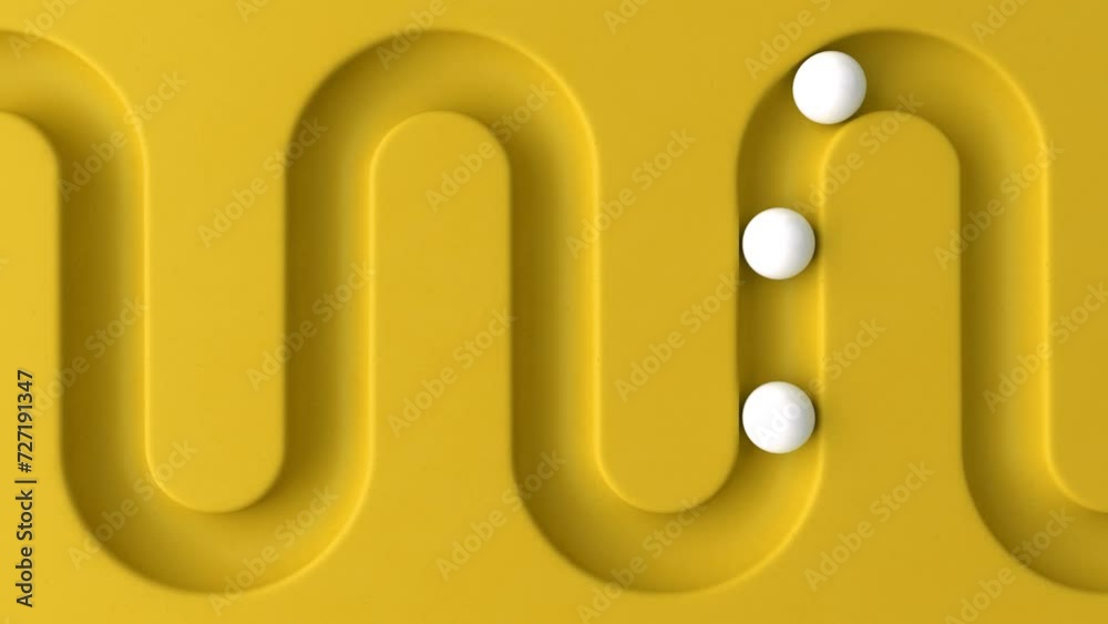 Poster Cycled minimal animation. White balls rolling in geometry deepening. Ball rolling along the paths. 3d animation of a seamless loop