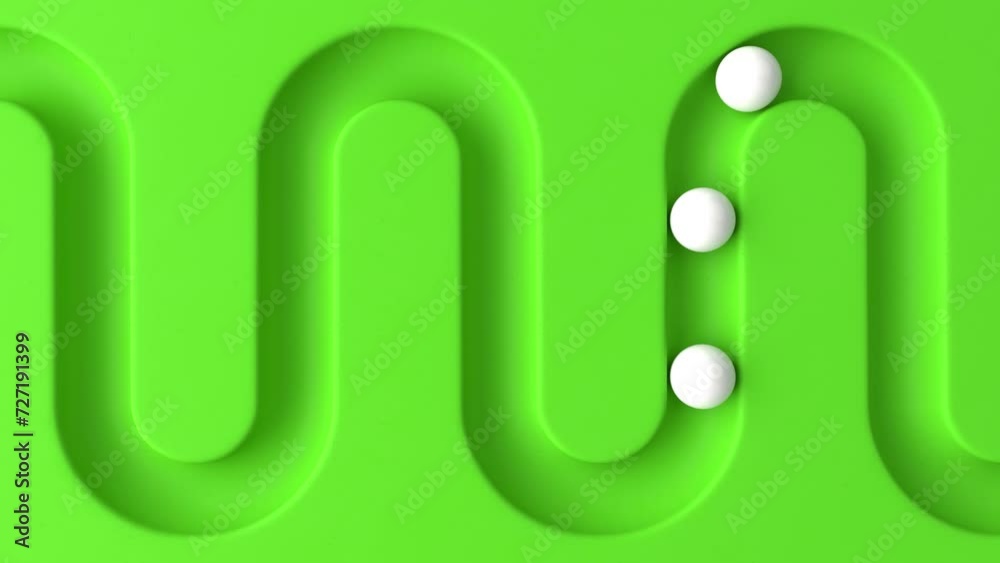 Poster Cycled minimal animation. White balls rolling in geometry deepening. Ball rolling along the paths. 3d animation of a seamless loop
