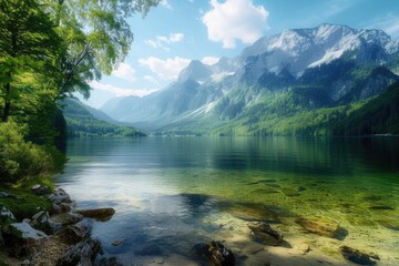 Fototapeta na wymiar Stunning Austrian Alps lake with panoramic mountain views.