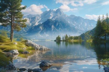 Fototapeta premium Stunning Austrian Alps lake with panoramic mountain views.