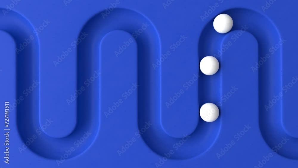 Poster Cycled minimal animation. White balls rolling in geometry deepening. Ball rolling along the paths. 3d animation of a seamless loop