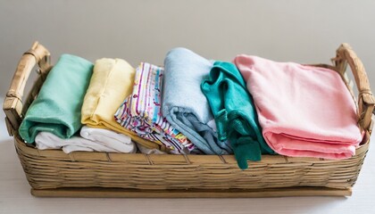 marie kondo tyding up method concept folded kids clothes in pastel colors copy space